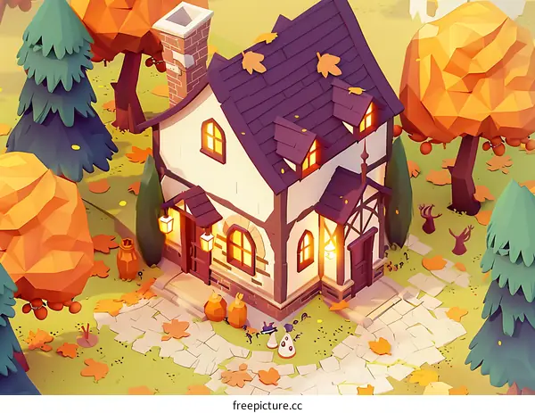 Autumn Cottage Illustration with Low Poly Style