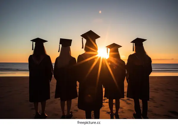 Five people in graduation gowns standing on a beach at sunset