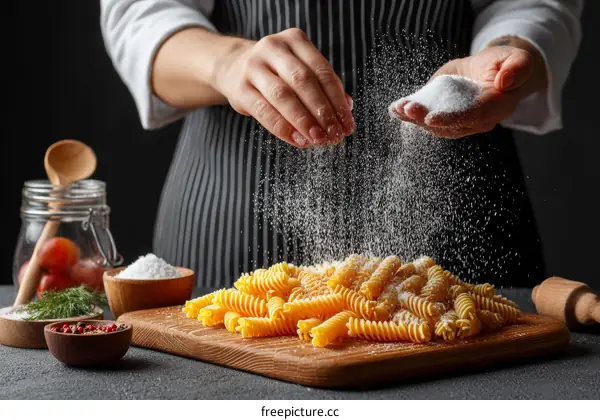 Chef sprinkling flour on pasta