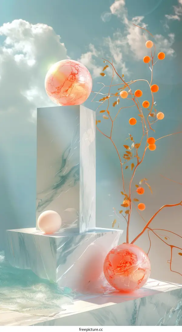 Abstract Pastel Geometric Display with Sphere and Branches