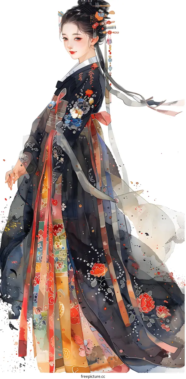 A beautiful illustration of a woman wearing a traditional Korean hanbok