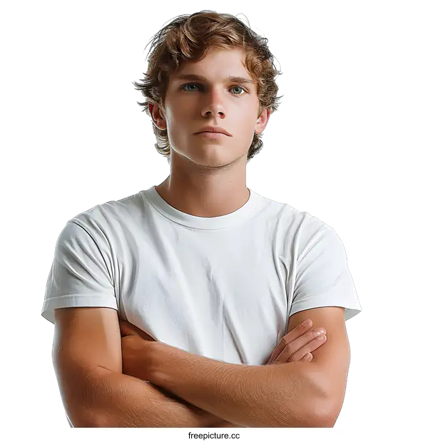 [Transparent Background PNG]Portrait of a Young Man with Curly Hair and Blue Eyes