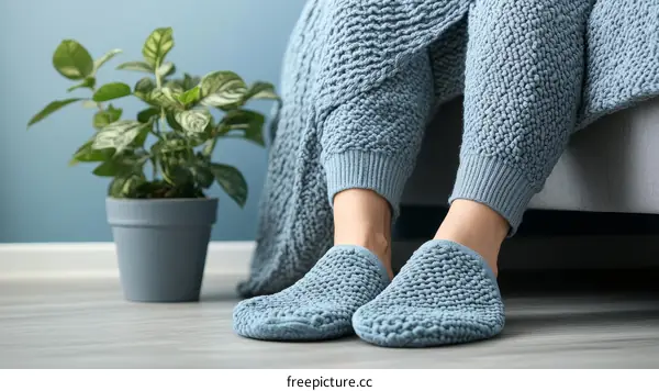 Woman in Cozy Pajamas and Slippers by Plant