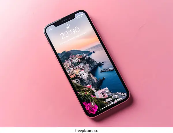 Close up of a Phone Displaying a Picture of a Coastal Cityscape