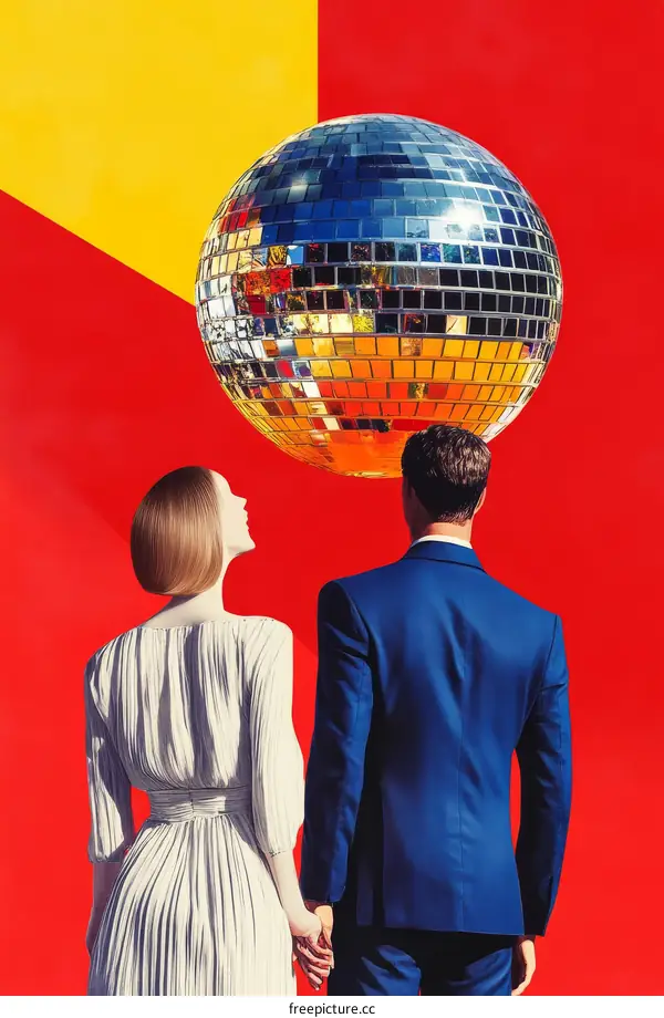 Couple Gazing at a Disco Ball Against a Red and Yellow Background