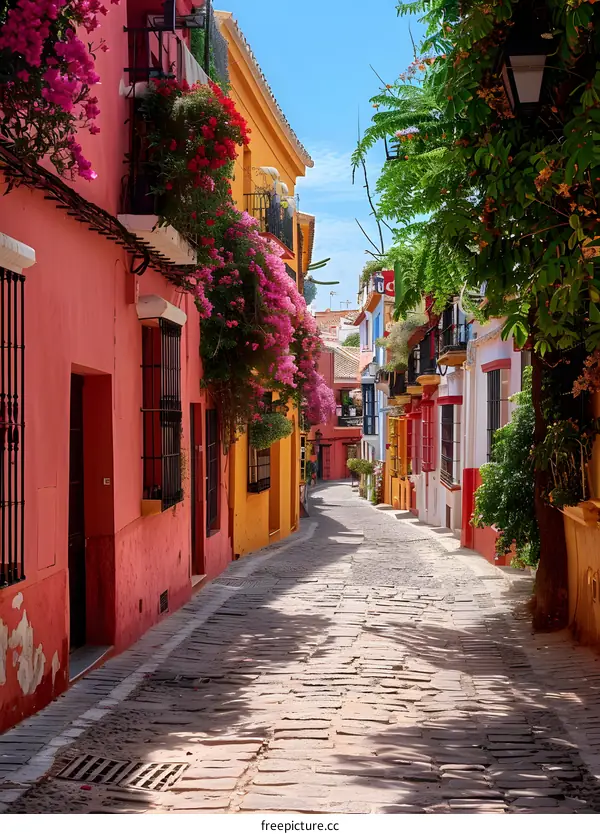A narrow street with colorful houses in Seville, Spain