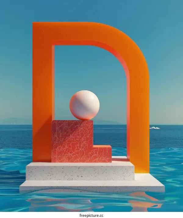Orange abstract 3D shapes over blue water