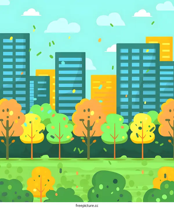City Park Illustration with Green Trees and Buildings in the Background