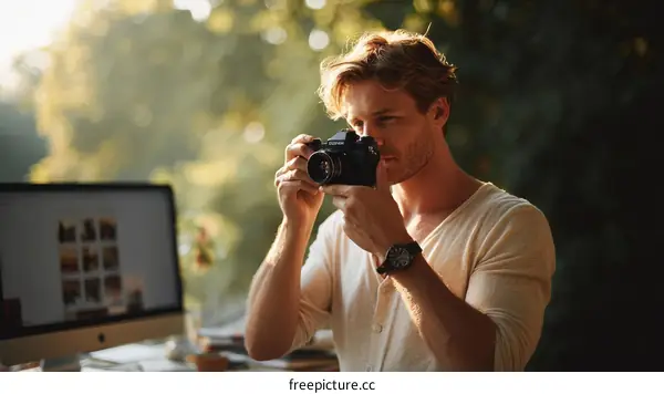 Man taking photo with camera in home environment