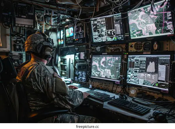Soldier operates computer systems in a command center