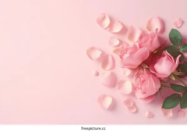 Beautiful Pink Roses and Petals on a Pink Background