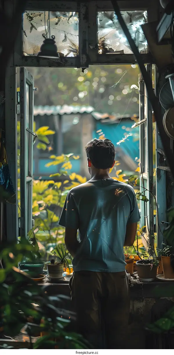 A man standing in front of a window looking out at a lush garden