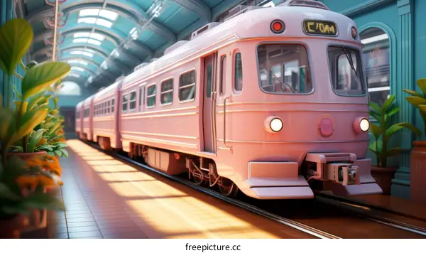 pink retro train in a station