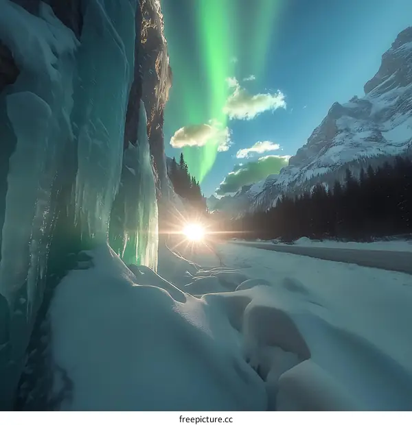 Winter Landscape with Frozen Waterfall and Northern Lights