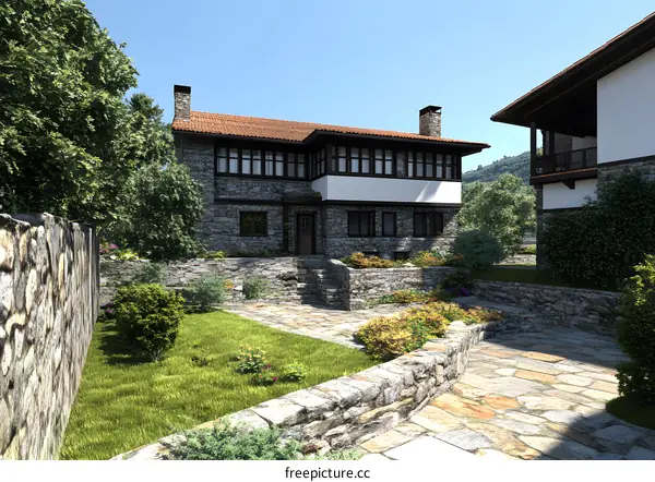 Stone House with Garden in Sunny Day