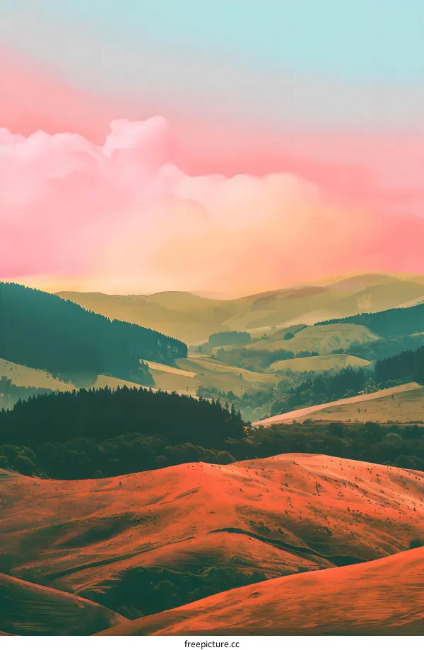 Abstract Hills Artwork with Pink Clouds