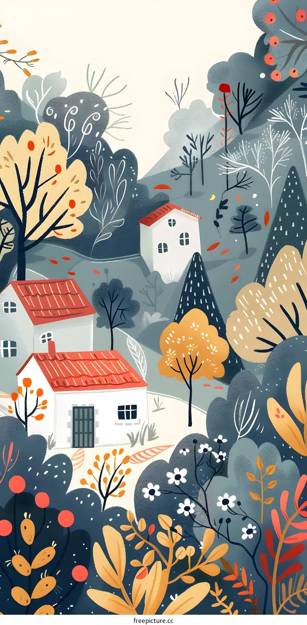 Colorful Illustration of a Small Village in the Forest