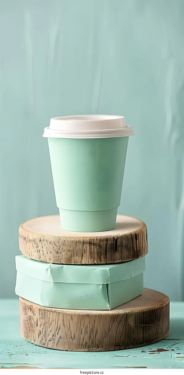 Green Coffee Cup on Stacked Wood