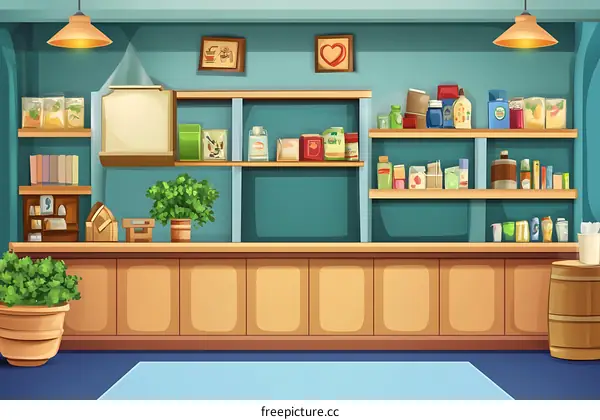 Cartoon Illustration Of Grocery Store Interior With Shelves