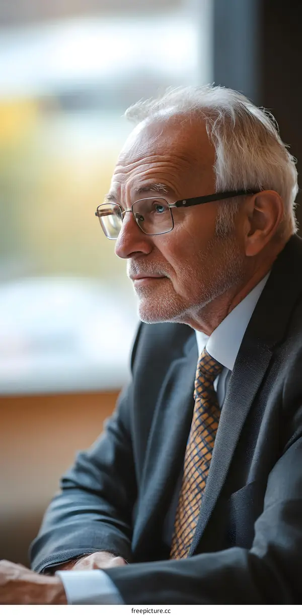 Portrait of an Elderly Caucasian Man in a Suit Looking Out a Window
