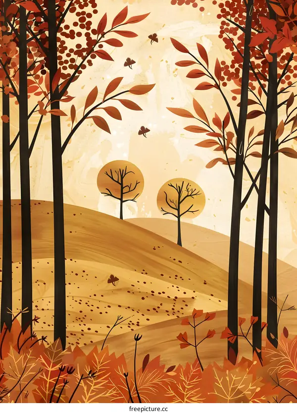 Autumn Forest Landscape with Trees and Falling Leaves