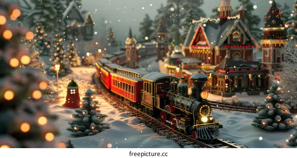 A Snowy Village with a Model Train Set at Christmas