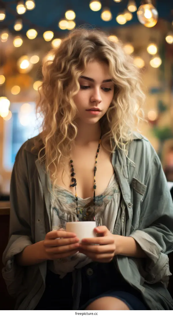 Portrait of a young blonde woman sitting in a cafe with a cup of coffee