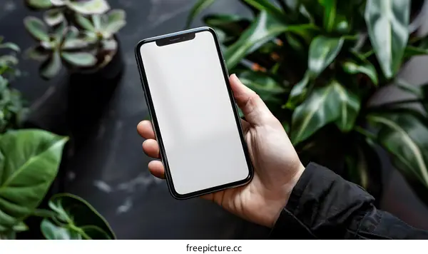 Hand Holding Smartphone with Blank Screen Against Green Plants Background