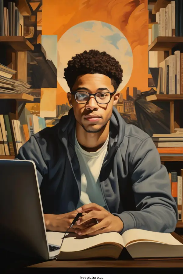 Portrait of a young African-American man sitting in a library, wearing glasses and a hoodie, with bookshelves and a laptop on the table.