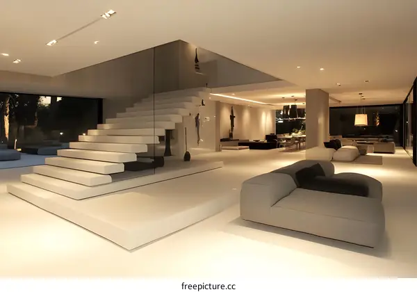 Modern White Floating Stairs in a Minimalist Living Room