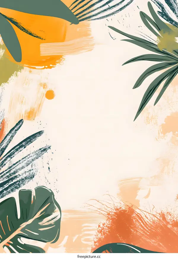 Tropical Abstract Art Background with Watercolor Leaves