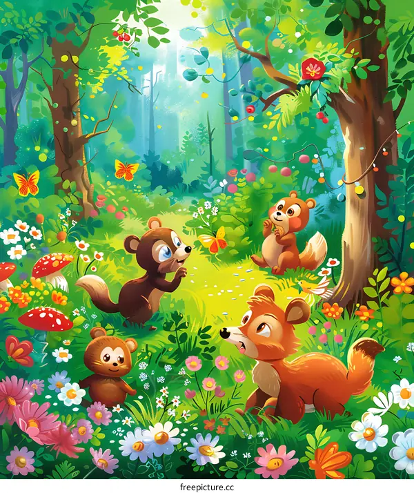 Cartoon Illustration of Four Animals in a Forest