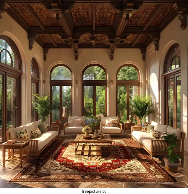 Beautiful Living Room With Wooden Ceiling And Large Windows