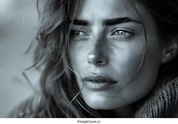 Portrait of a young woman with freckles on her face
