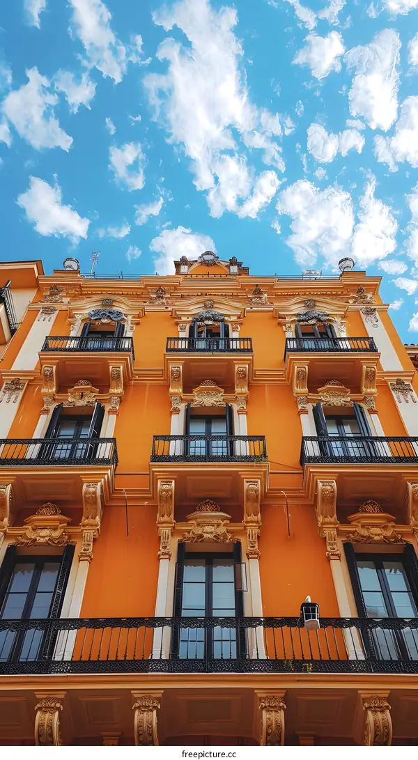 Orange building with ornate balconies and blue sky