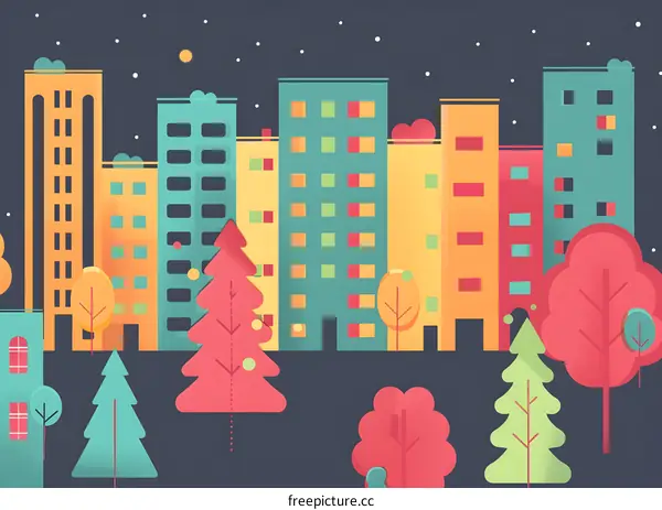 Night Cityscape Illustration With Colorful Buildings and Trees