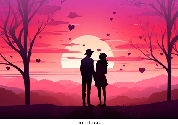 Couple in Love Watching Sunset Over Pink Field with Floating Hearts