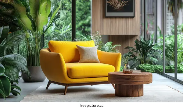 Modern Tropical Living Room with Yellow Sofa