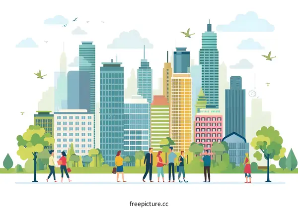 Modern City Life with People Walking and Buildings