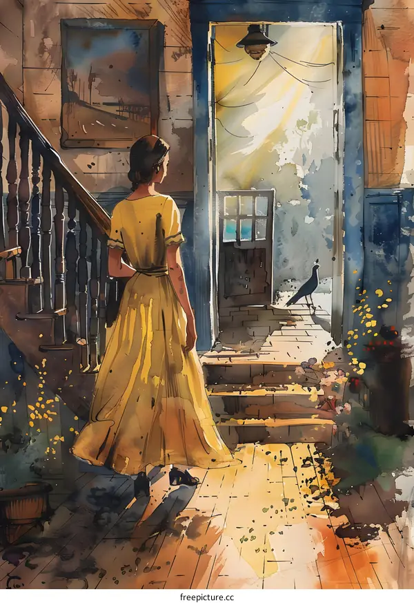 watercolor painting of a woman in a yellow dress walking up the stairs to a blue door with a blackbird on the landing