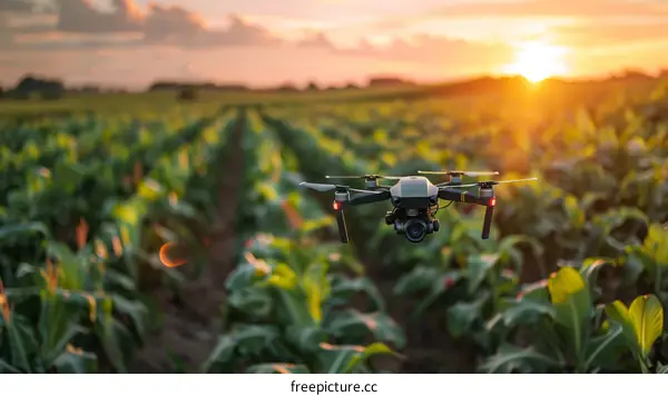 A drone is flying over a field of corn at sunset.