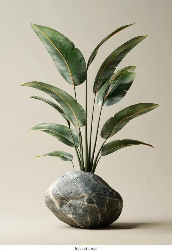 A large green plant in a stone pot