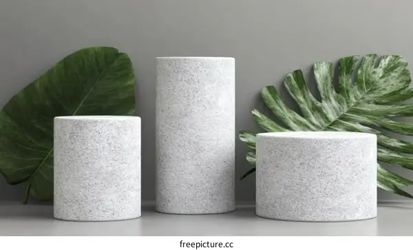 Three Gray Stone Cylinders with Greenery