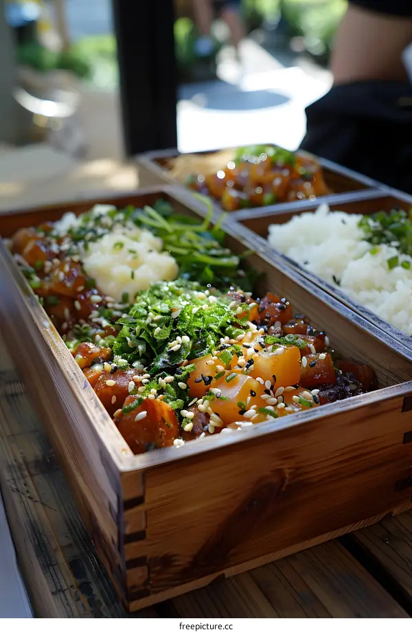 A delicious and healthy meal of poke in a wooden box