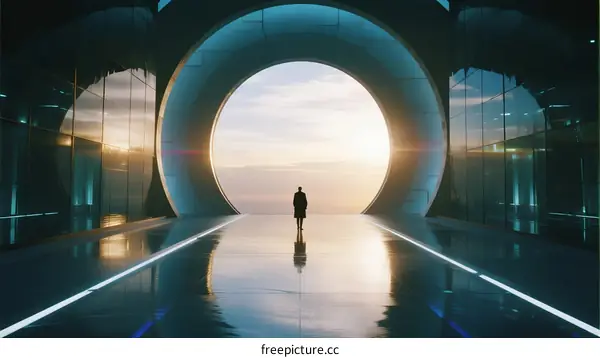 A lone figure stands in a futuristic corridor with circular doorways and bright light