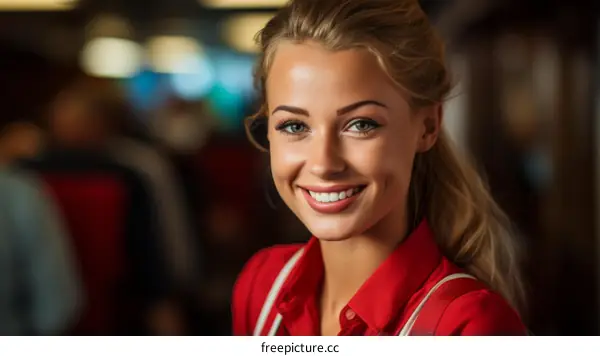 Portrait of a smiling young woman with blonde hair wearing a red shirt
