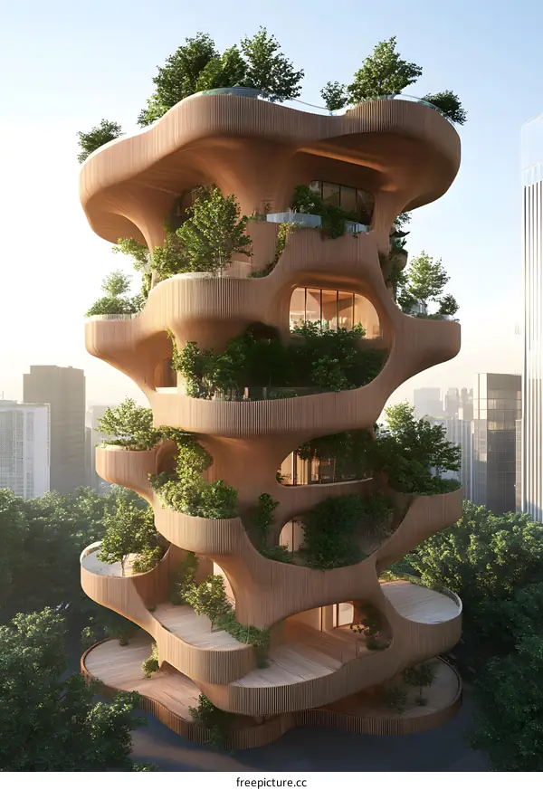 Organic Modern Architecture Design, Sustainable Wooden Building, Eco Friendly Skyscraper Concept