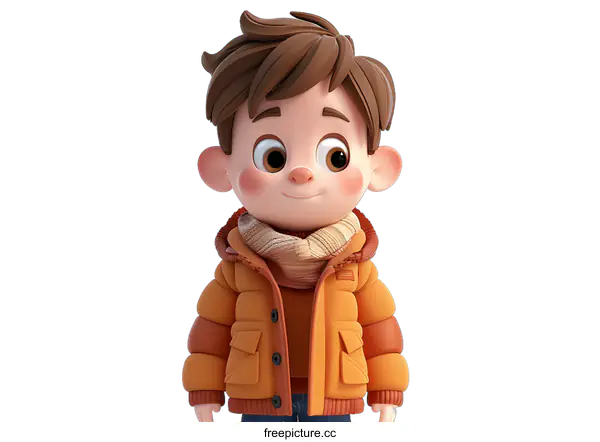 [Transparent Background PNG]A cute 3D cartoon boy with brown hair and brown eyes wearing an orange winter coat and a scarf