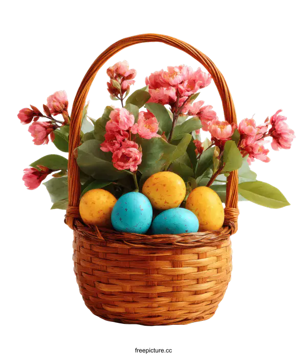 [Transparent Background PNG]Easter Basket with Colorful Eggs and Flowers