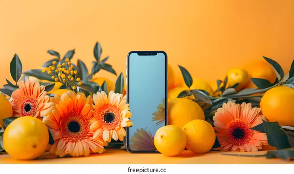 Orange and Lemon Flowers Surrounding Smartphone on Yellow Background